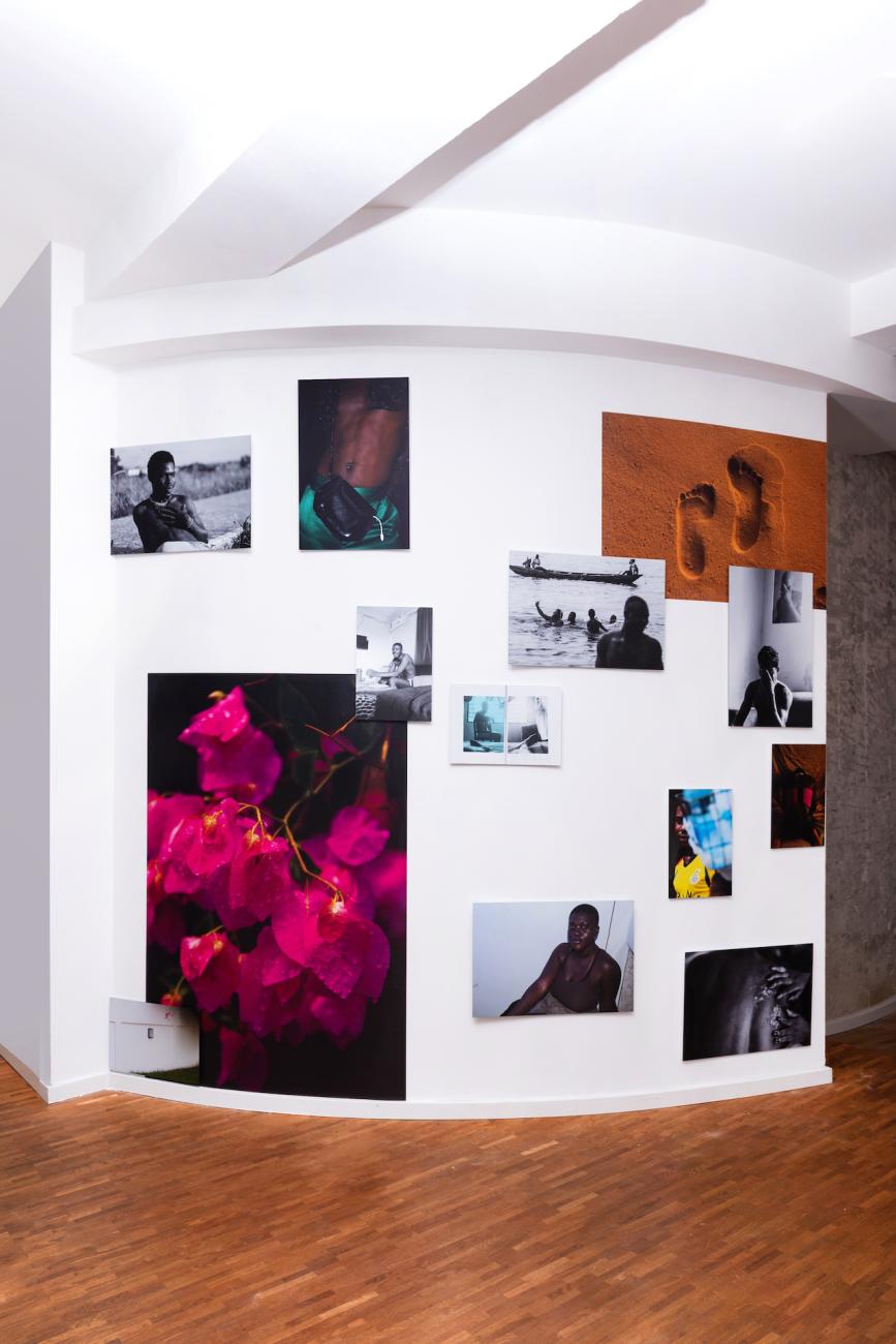 Installation shot of collages photographs by Impact Queer Photography Workshop, hosted by Eric Gyamfi and Kwasi Darko